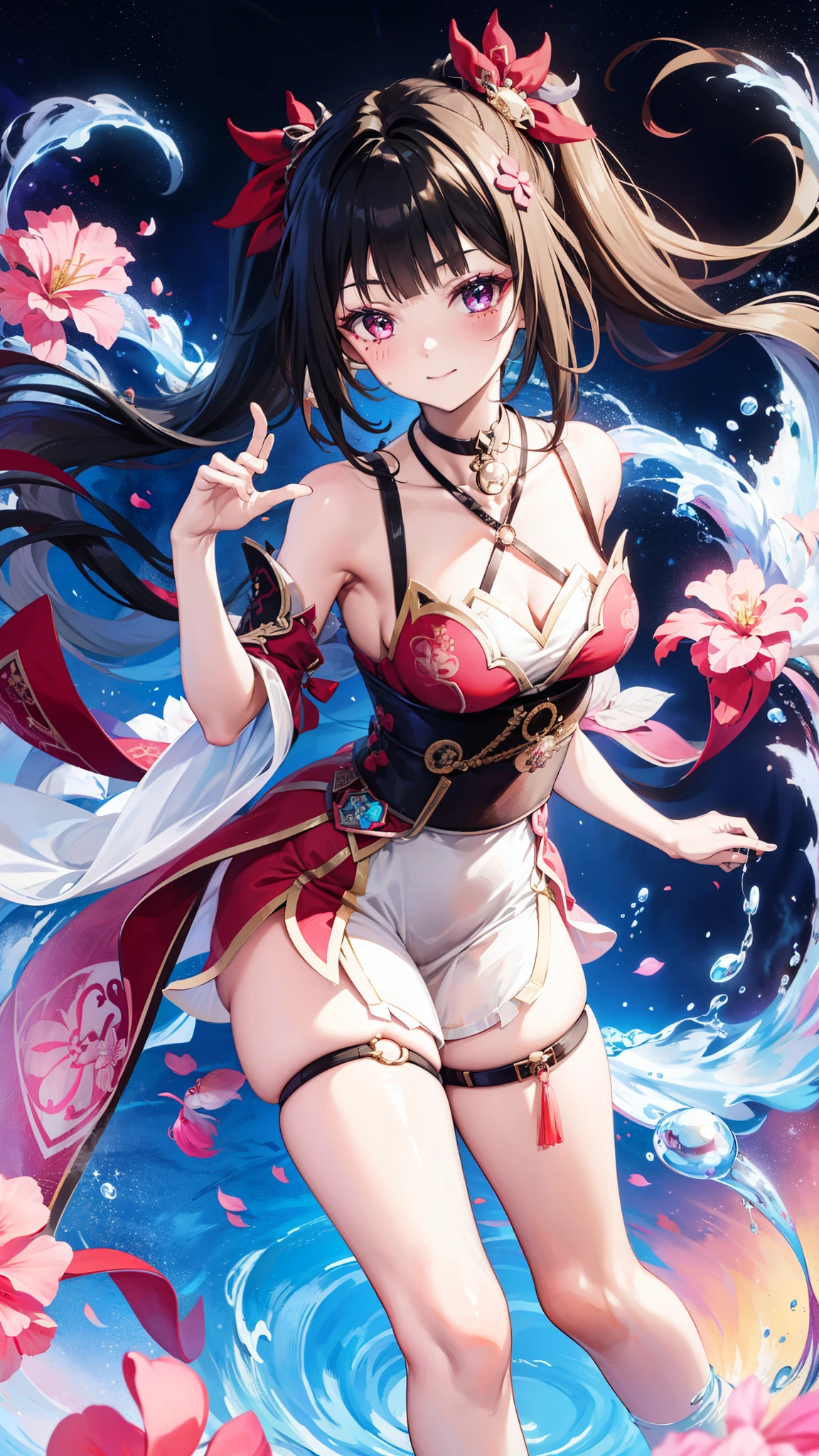 age girl ,obsessed, Have Fun ,in love,(Big white spiral dress ),sparkle, transparent clothes,Exquisite hair accessories, transparent lace ,night,Dress nicely, carved suspenders , slim beautiful face with double ponytail, Black Hair, Blushing, seven-part lens,