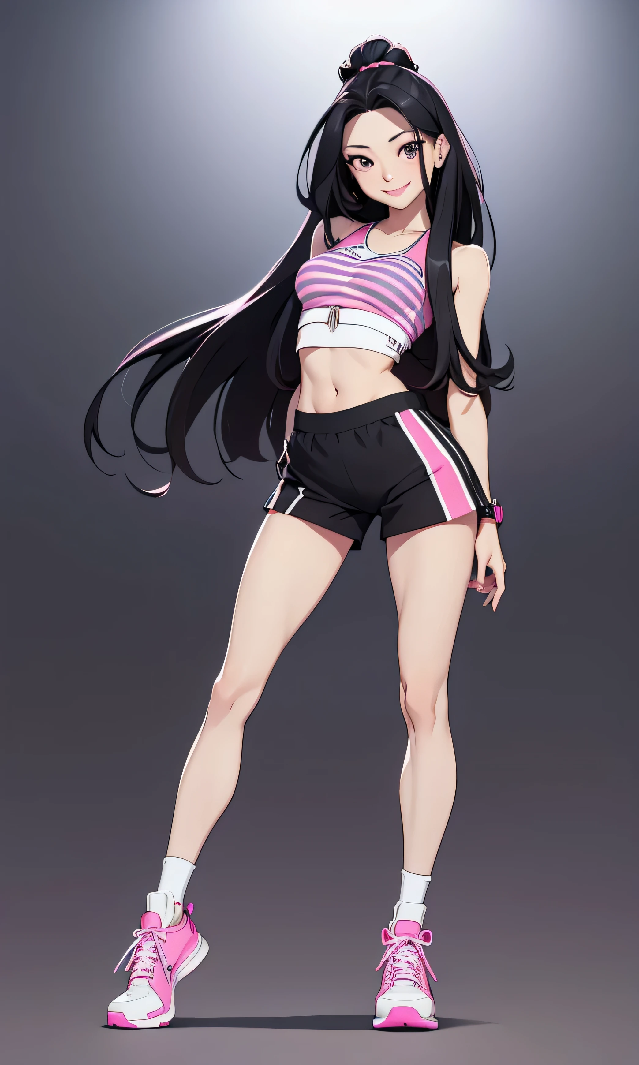  masterpiece,  a teenage girl , Yuna de Itzy, slim, beautiful,  Korean, Kpop,  long hair ,  black cabello,  black eyes, cuerpo entero, standing, flat stomach,  cute legs,  white skin , short, pink striped top, ties, Tender Pose, smile,  Shoes, at night,  dark background, low light,