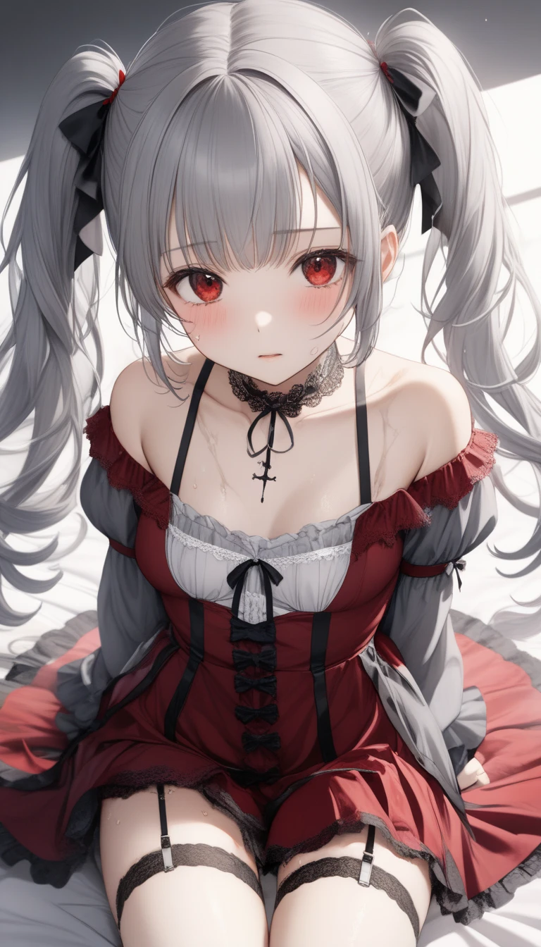 (limited palette), Best quality, (((Masterpiece))), (((Beautiful detailed hair))), (((beautiful detailed skin))), Solo, , Younger, , (((White hair))), Red eyes, (mascara), Blunt bangs, ((Hair over eyes)), Long hair, Medium breasts, Frilled white dress, White frills, Too much decoration, Rose, Noble, setia, The bride hair, (((Eye focus))), (((Expressionless))), The background is blurred out, Empty eyes, Blank eyes, (Red theme), bedroom background, view the viewer, (((hair tucking))), (((Night))), Semi-closed Eyes, Close-up, (((hair adornments))), Upright body, Neatly cut bangs, Braided hair at the back of your head, Sleeveless dress,
