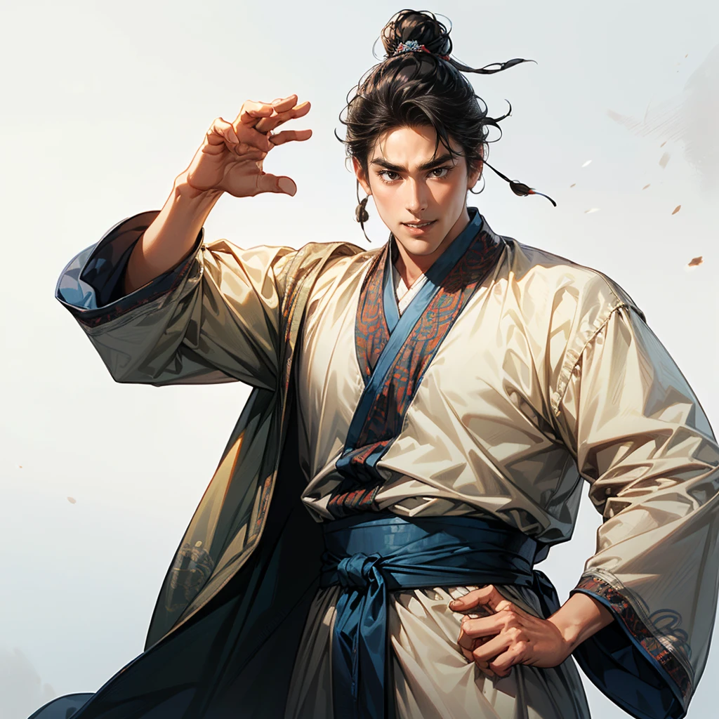 ( best quality,4K,8k, high definition ,masterpiece:1.2),super detailed,(Realistic,photoRealistic,photo-Realistic:1.3),(((1 person))),20-year-old male,Ancient Chinese military strategist:1.2,( long greyish black hair,unkempt hair,good man), slender,(round face:1.3,Round jaw line:1.1), detailed eyes ,Shining Brown Eyes ,look far away, Detailed Face ,(Confident smile:1.3), dynamic lighting,( blue ancient Chinese Hanfu ,white ancient Chinese pants ,Lightly Armed),dynamic pause:1.2, (((The man sticking his arm out to the side , is giving orders to soldiers,perfect hand,5fingers))),(( cowboy shot)),(( white background:1.3,simple background:1.2)),( standing:1.3,wide-angle photo:1.3, candid photo, so you can't see from the tip of the head to above the knee:1.2),from side:1.3