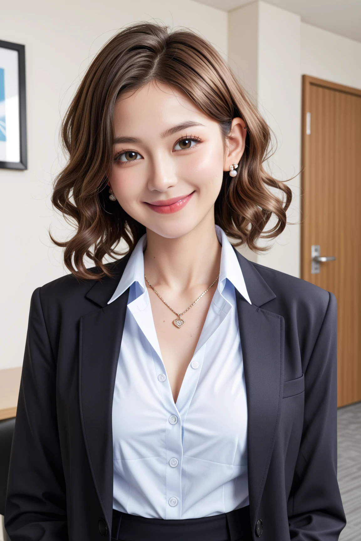 Beautiful young woman、 Intricate details, short hair、Wavy Hair、Ear Piercing、Closed Mouth Smile、、Brown Hair、 (Front View, ), Clear Beauty, (High quality fabric, Office Lady Suits 、jacket、Unbuttoned shirt、A necklace around the neck、 The background is the office