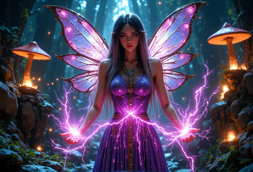 cinematic shot of a beautiful magical fairy, beautiful face details and long hair, casting colorful magical glowing spells with both hands, colorful magical fairy wings on her back, magical forest in background with glowing mushrooms, hkmagic, super realistic, style of epic cinematic, amazing quality, mythp0rt