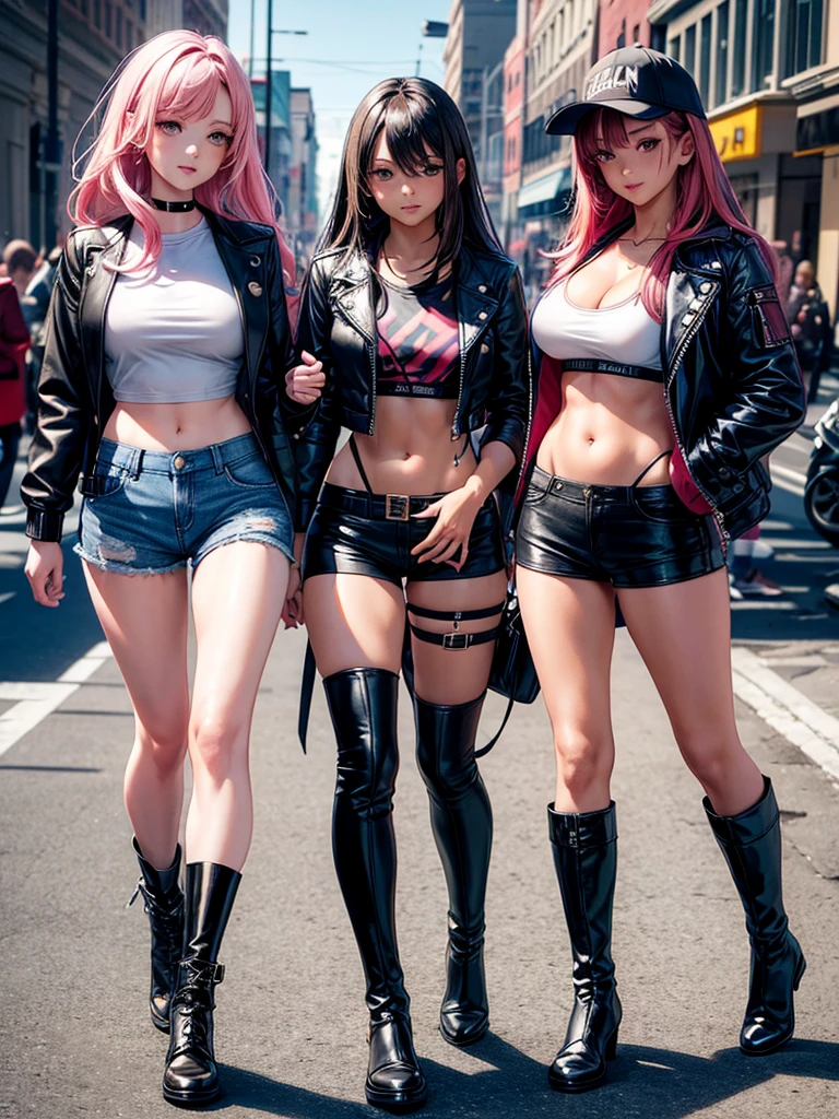 punk girls, confident, stark, but kind, appealing, hyper- realism, realisitic, fot, High definition, hope but, grown-up, stylish clothes, chap, Different breeds, nice different heights