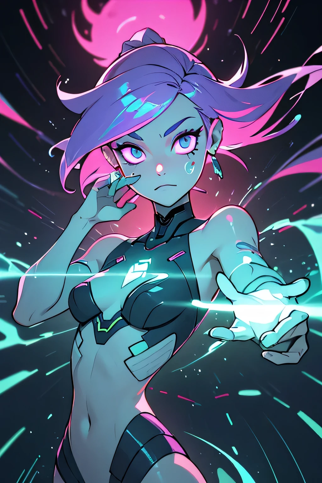 "A dynamic futuristic android character shown from the waist up, blending neocyber and neotribal aesthetics. The character has flowing, biomechanical features with metallic plates that curve naturally around the torso and arms, almost as if they are alive. Glowing tribal tattoos in neon colors (turquoise, pink, mint, and purple) ripple and stretch across the skin, creating an organic flow of energy that moves with the figure. One hand is raised near the face, its fingers gently brushing the holographic visor or interacting with the face, adding fluid motion to the design. The hair is long, wild, and alive, cascading around the character’s face and body like tendrils of light, blending into the tattoos and circuits. The strands of hair twist and dissolve into flowing streams of neon energy, like data or digital currents. The character’s posture is fluid and relaxed, as if caught in mid-motion, creating a sense of life and organic energy. The background is an abstract blur, with geometric patterns and fractals merging into the character’s form, amplifying the sense of movement and energy. The design should feel immersive and alive, with textures that suggest metallic surfaces melding into flesh, creating a powerful blend of cyber and tribal aesthetics."

