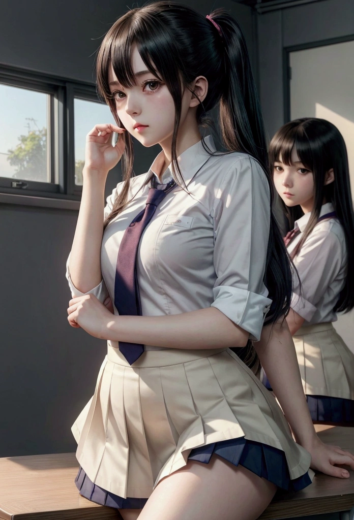 a young couple in a school classroom, girl wearing tight clothes he studying at a desk, morning sunlight streaming through windows,