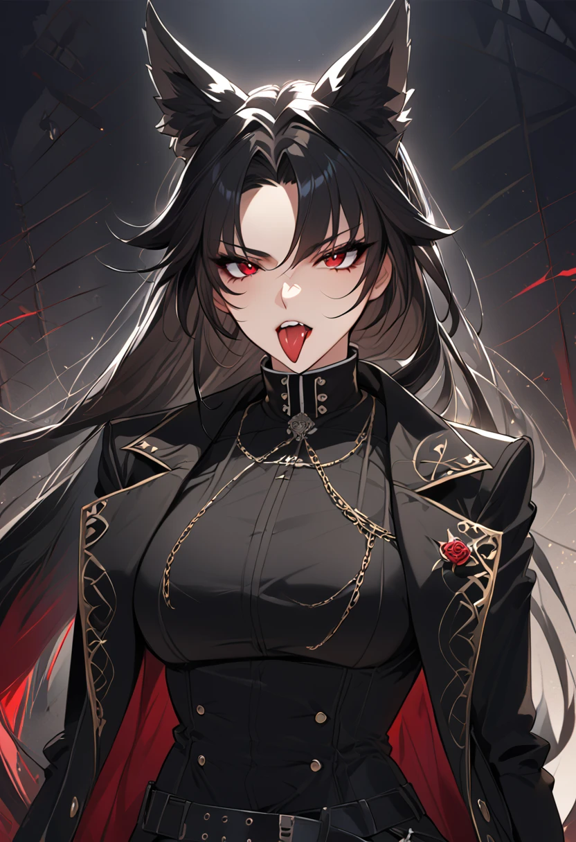 beautiful anime woman wearing a black military trench coat, tight black jeans pants, wolf ears, wolf tail, half wolf and half human, red eye color, black hair in a ponytail, light novel art, detailed anime art, anime, regal, royal, sexy, thicc, beautiful feminine facial features, flirtatious, sultry, slutty, petite, sharp canines, aheago, villain, all black clothing, high quality, very detailed anime art, feminine, slender face, military general vibes, pretty girl, good lighting, close up shot of face, sticking her tongue out expression, lewd, red highlights