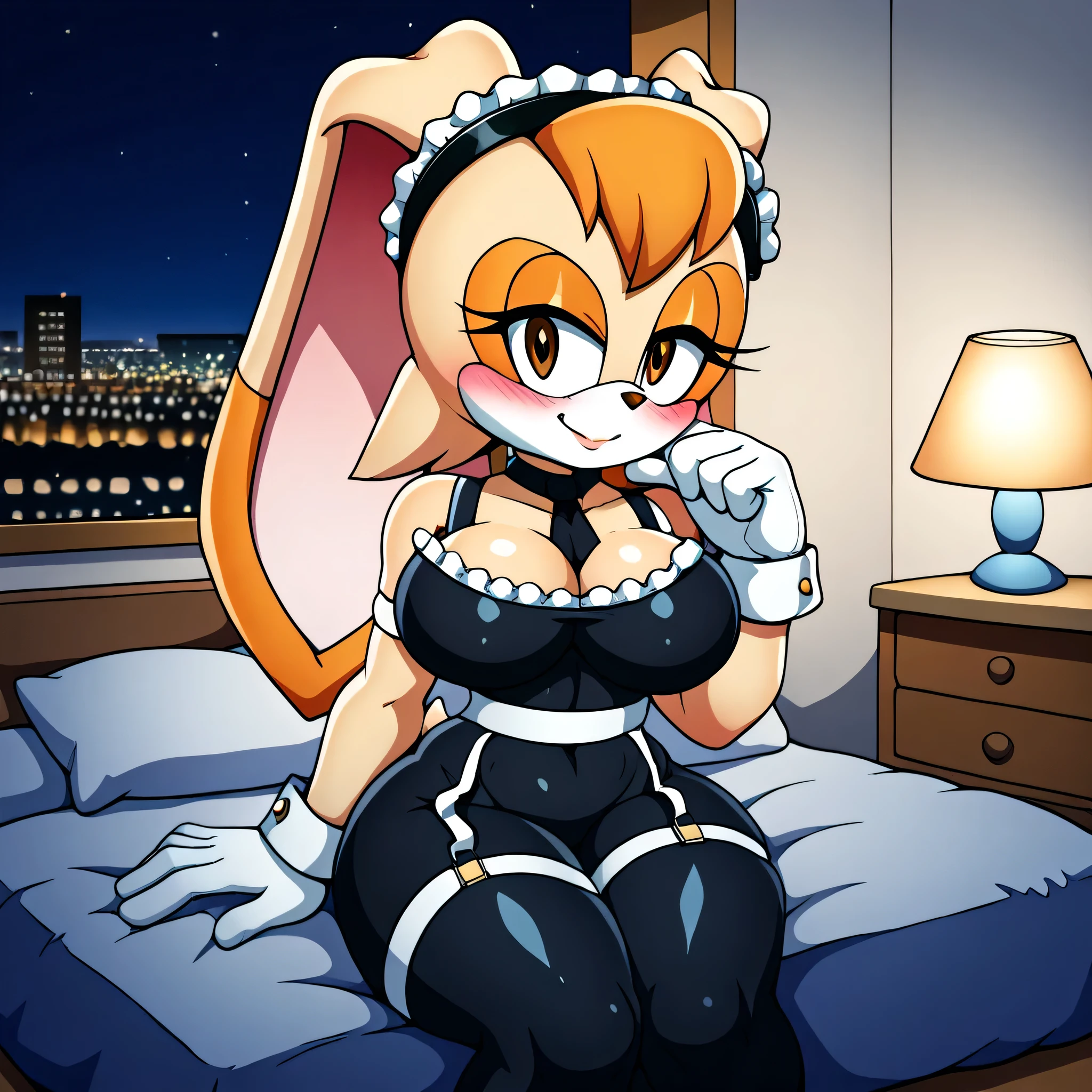  Vanilla the Rabbit school suit,  flirty look ),brown eyes, Big breasts , black neck strap, comfortable clothes, big thighs,Closed Mouth Smiling ,light blue tights with garter belts , Sitting on the bed, black maid   (  white gloves )  In a room at night,blush,black maid 