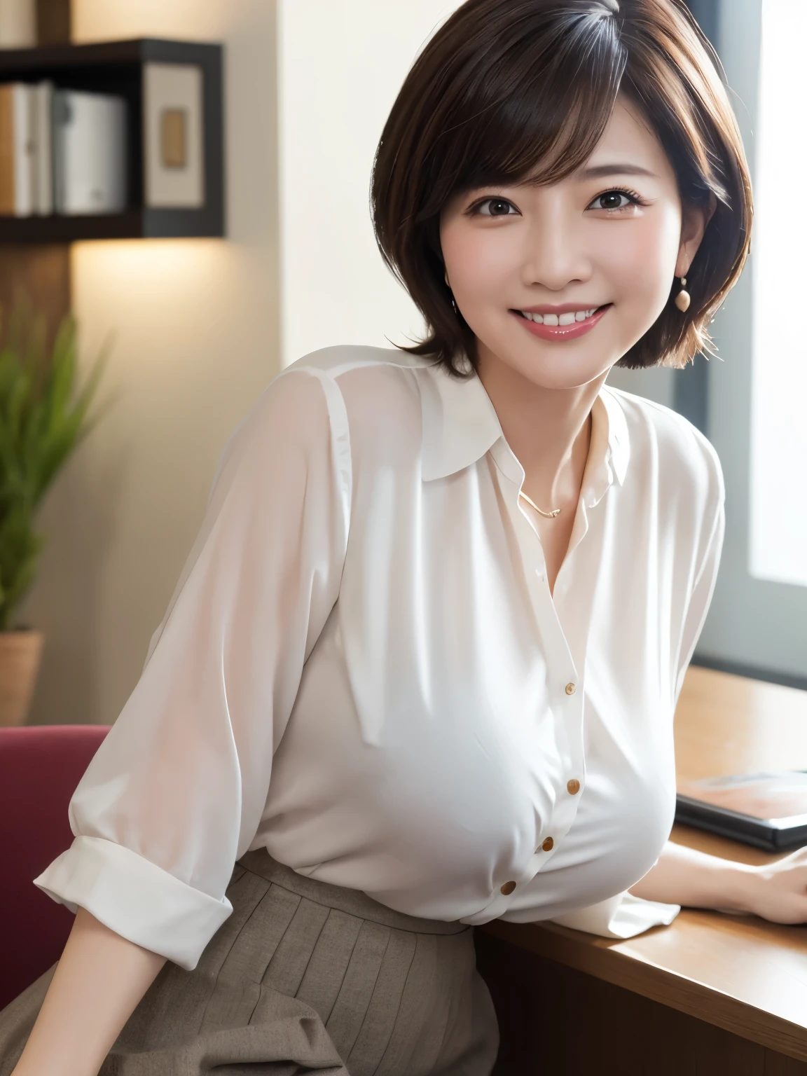 ((masterpiece))、(( best quality))、photograph、reality、 very detailed、40-year-old woman、Delicate appearance、 short hair、 realistic background and accessories、Soft and big breasts 、 sexy smile、 office、High ceilings、Oversized blouse、loose skirt 、((Indirect lighting only))、Deep shadow、Wide angle、