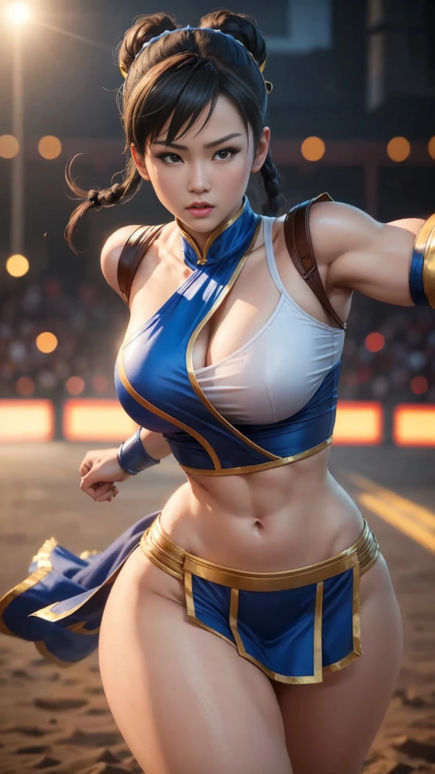 In a realistic professional and marketing photoshoot, capture Chun Li, the iconic Street Fighter character, in a mid-action pose. Show her strength and determination as she executes a powerful high kick, her focus and intensity evident in her piercing eyes. Highlight her traditional Chinese-inspired attire, complete with embroidered details and vibrant colors that convey her heritage and martial arts prowess. Enhance the composition with dynamic lighting that accentuates the contours of her muscular physique, while keeping the background clean and minimalistic, allowing her to be the center of attention.