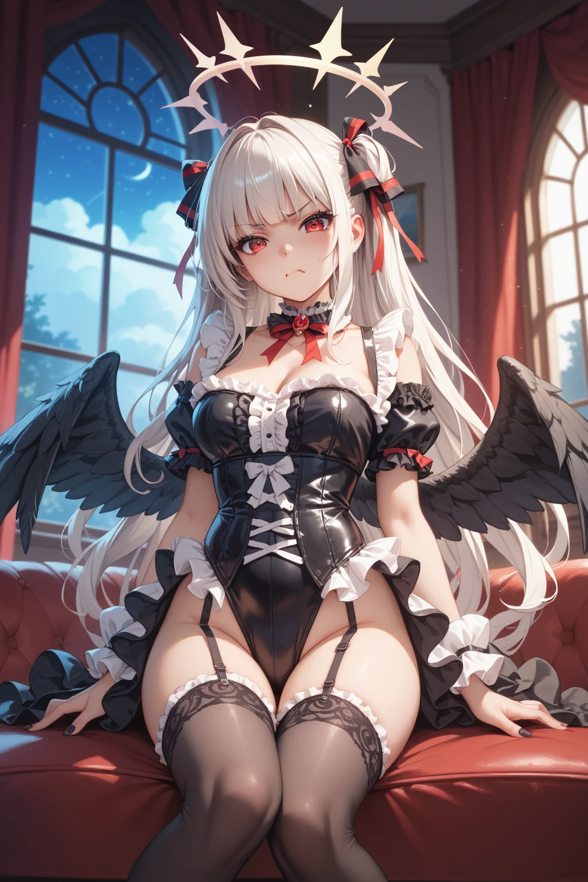 seductive lady with ample bosom and wearing slutty wedding dress, WEDDING DRESS, nsfw, devil horns, long black hair, blue eyes, sitting on the ground with one bare foot up towards the sky and the other barefoot down