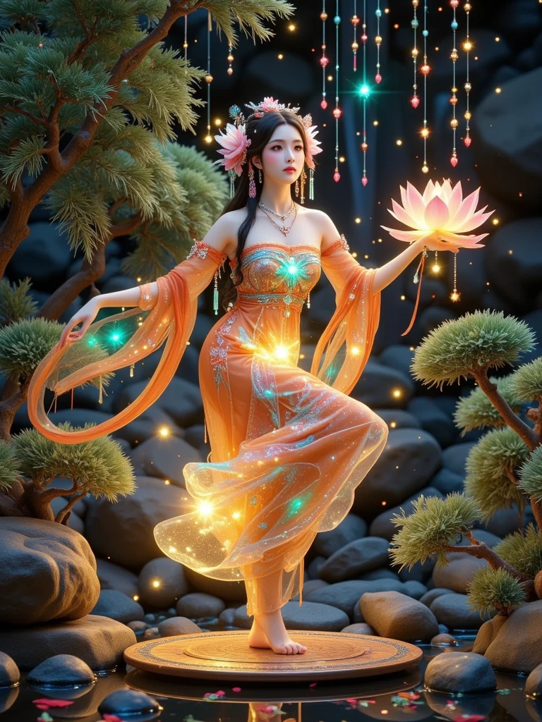 best quality, masterpiece, particles, masterpiece, best quality, 8K, official art, ultra high res, from below, motion blur, film, bokeh, professional, A Hanfu beauty, the Neon Lotus Fairy, dances within a forest of cyber-jade trees, her presence a delicate ballet of light and color amidst the verdant, glowing foliage. Her Hanfu is a gown that captures the serene beauty of a lotus flower with the electrifying energy of neon lights. The fabric is a delicate weave of jade and neon threads, with lotus motifs that seem to bloom and glow with an inner light, a visual representation of the forest's bioluminescent splendor. Her hair, a cascade of lotus-hued locks, is adorned with a headdress that combines the traditional lotus flower crown with the radiant glow of neon petals, a crown that captures the essence of the forest's magical beauty. She is a vision of such enchanting beauty, a living embodiment of the union of nature's tranquility with the vibrant pulse of neon life, Glowing ambiance, enchanting radiance, luminous lighting, ethereal atmosphere, mesmerizing glow, evocative hues, captivating coloration, dramatic lighting, enchanting aura,  masterpiece, top quality, best quality, official art, beautiful and aesthetic, extreme detailed, Action painting, scene,colorful,highest detailed,