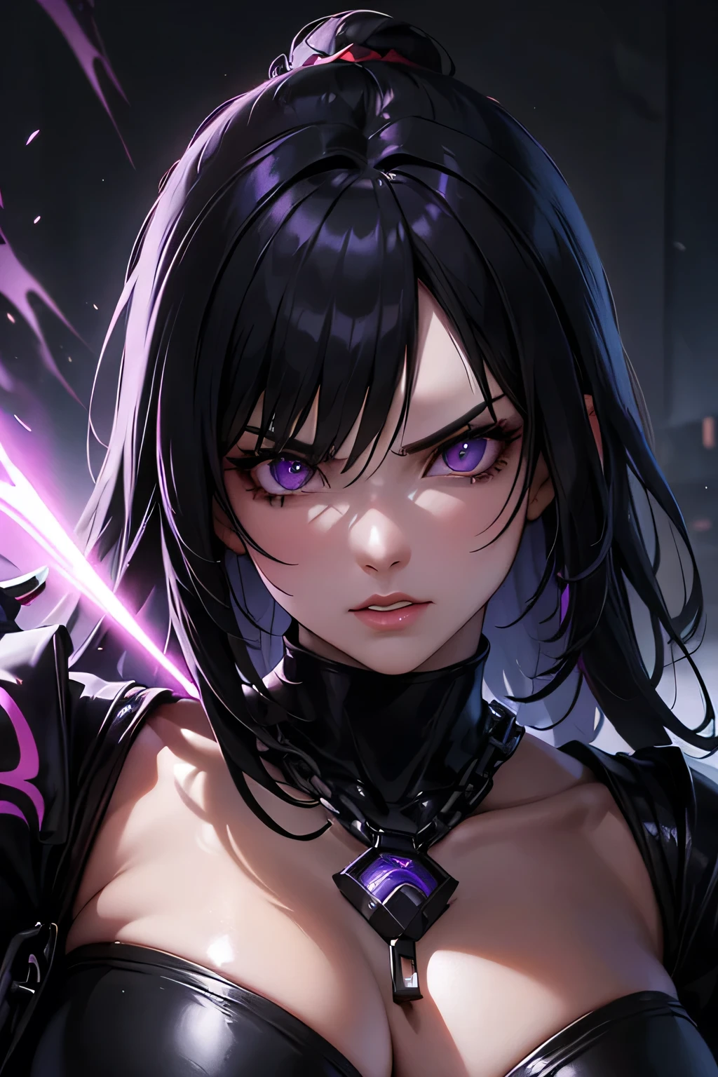 ((masterpiece, best quality, 8k))A captivating artwork of a darkly enchanting female character in a shadowy, magical setting. She wears dark and magical clothes in black and purple, perfectly matching her mysterious aura. Her short black hair and crimson eyes exude an intense beauty. She wields a dark staff, emanating a foreboding power.