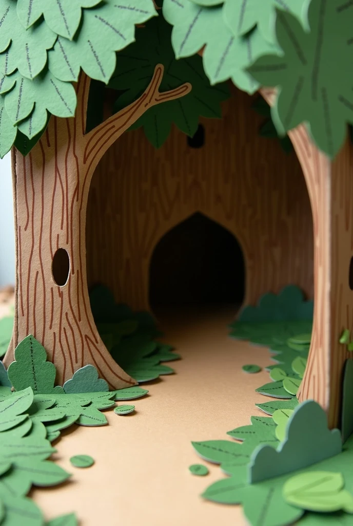 Cardboard With Paper Mache, a Book Nook with a tree at the beggining on the left, and a cave at the end.