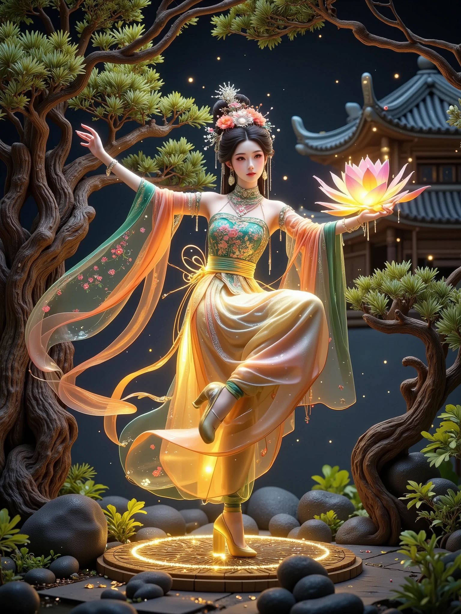 best quality, masterpiece, particles, masterpiece, best quality, 8K, official art, ultra high res, from below, motion blur, film, bokeh, professional, A Hanfu beauty, the Neon Lotus Fairy, dances within a forest of cyber-jade trees, her presence a delicate ballet of light and color amidst the verdant, glowing foliage. Her Hanfu is a gown that captures the serene beauty of a lotus flower with the electrifying energy of neon lights. The fabric is a delicate weave of jade and neon threads, with lotus motifs that seem to bloom and glow with an inner light, a visual representation of the forest's bioluminescent splendor. Her hair, a cascade of lotus-hued locks, is adorned with a headdress that combines the traditional lotus flower crown with the radiant glow of neon petals, a crown that captures the essence of the forest's magical beauty. She is a vision of such enchanting beauty, a living embodiment of the union of nature's tranquility with the vibrant pulse of neon life, Glowing ambiance, enchanting radiance, luminous lighting, ethereal atmosphere, mesmerizing glow, evocative hues, captivating coloration, dramatic lighting, enchanting aura,  masterpiece, top quality, best quality, official art, beautiful and aesthetic, extreme detailed, Action painting, scene,colorful,highest detailed,