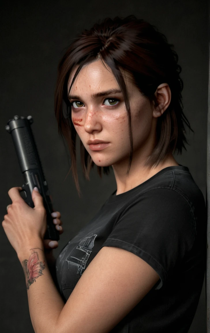 photo of ohxw, ellie, tattoo on left arm, woman, black jeans, close up, , medium length hair, face details, low key lighting, blood on her face. Sexy face. She is wearing a black t-shirt. Decontracted pose. Horny