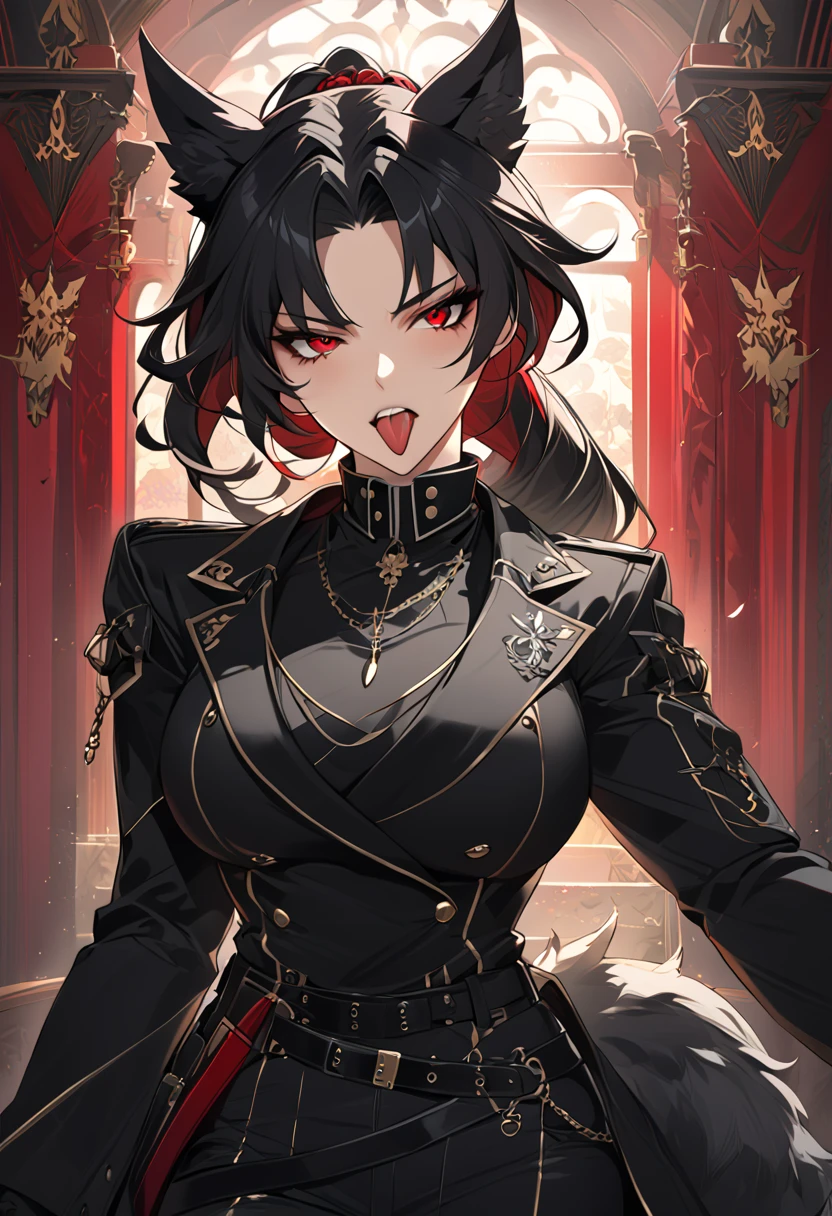 beautiful anime woman wearing a black military trench coat, tight black jeans pants, wolf ears, wolf tail, half wolf and half human, red eye color, black hair in a ponytail, light novel art, detailed anime art, anime, regal, royal, sexy, thicc, beautiful feminine facial features, flirtatious, sultry, slutty, petite, sharp canines, aheago, villain, all black clothing, high quality, very detailed anime art, feminine, slender face, military general vibes, pretty girl, good lighting, close up shot of face, sticking her tongue out expression, lewd, red highlights