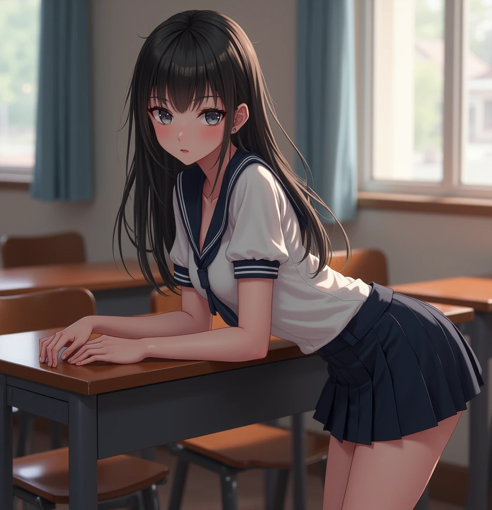 (Photorealistic:1.5), (​masterpiece、Highly detailed 8K CG、Sharp lines:1.4), (deep focus:1.7), Smooth Anime CG Art, Beautiful anime girl, (20year-old beautiful girl:1.5), Detailed skin, (gleaming skin:1.7), short-hair, (Beautiful black hair:1.2), brown Eye, (many streaming sweat:1.0), (slim:1.4), (full body:1.5), (student clothes:1.5), solo, (one girl:1.4), (Inside the classroom:1.4), (blush:1.5), (anguish:1.4), (open mouth:1.4), (Lots of clear drool overflows from her mouth and drips from her chin.:1.2), (half closed eyes:1.0), (crying:1.4), (short sleeve:1.2), (a sailor suit:1.6), (looking away:1.3), (flat chest:1.4), (Dark blue pleated skirt:1.7), (from side:1.1), (all fours:1.8), (many Tentacles clinging to her:1.5), (White socks:1.4), (brown loafers:1.3)