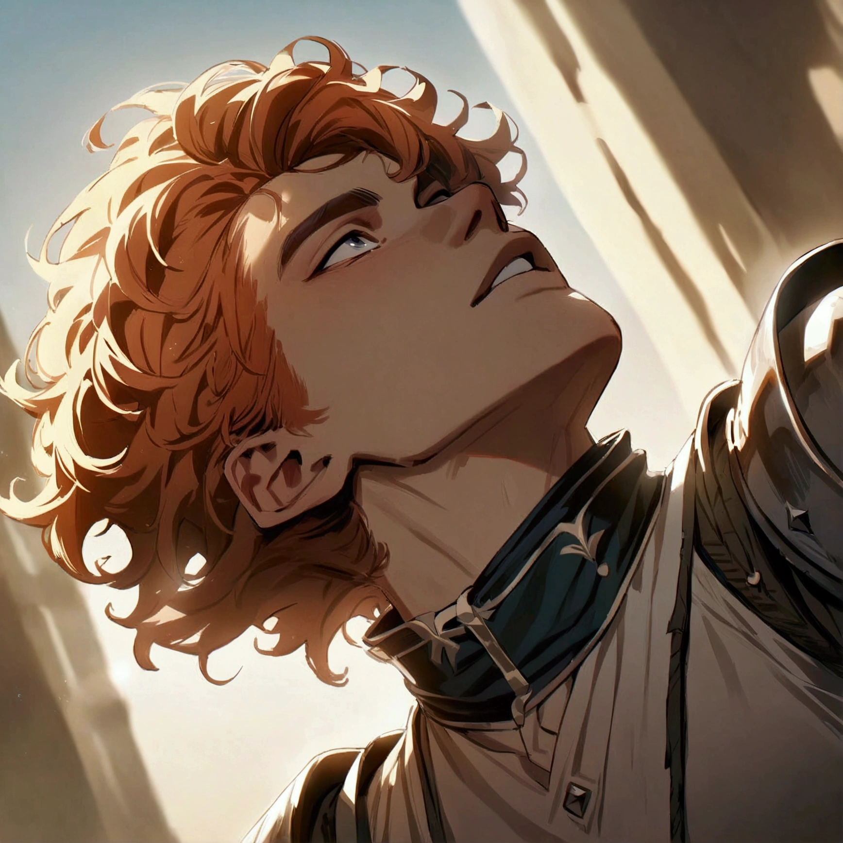 masterpiece, newest, absurdres, safe, high detailed, masterpiece. high detailed, male, relaxed, Male, Nonchalant, Beautiful, Upperbody. male, masculine male, Handsome male, SemiRealistic style. Twink. Ginger, curly hair, Whtie buttoned shirt, Under the sunlight, Knight, Looking up at the sky, breastplate, shoulderplate, Worn Knight