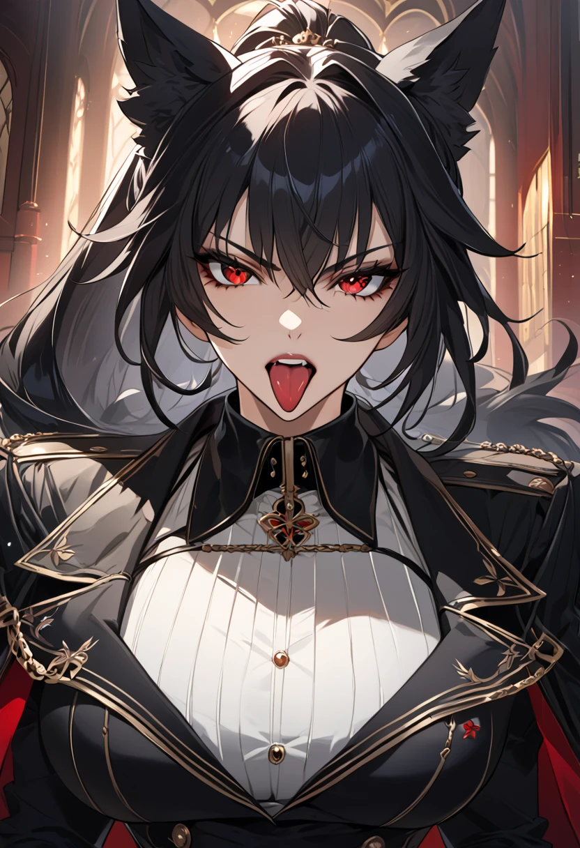 beautiful anime woman wearing a black military trench coat, tight black jeans pants, wolf ears, wolf tail, half wolf and half human, red eye color, black hair in a ponytail, light novel art, detailed anime art, anime, regal, royal, sexy, thicc, beautiful feminine facial features, flirtatious, sultry, slutty, petite, sharp canines, aheago, villain, all black clothing, high quality, very detailed anime art, feminine, slender face, military general vibes, pretty girl, good lighting, close up shot of face, sticking her tongue out expression, lewd, red highlights