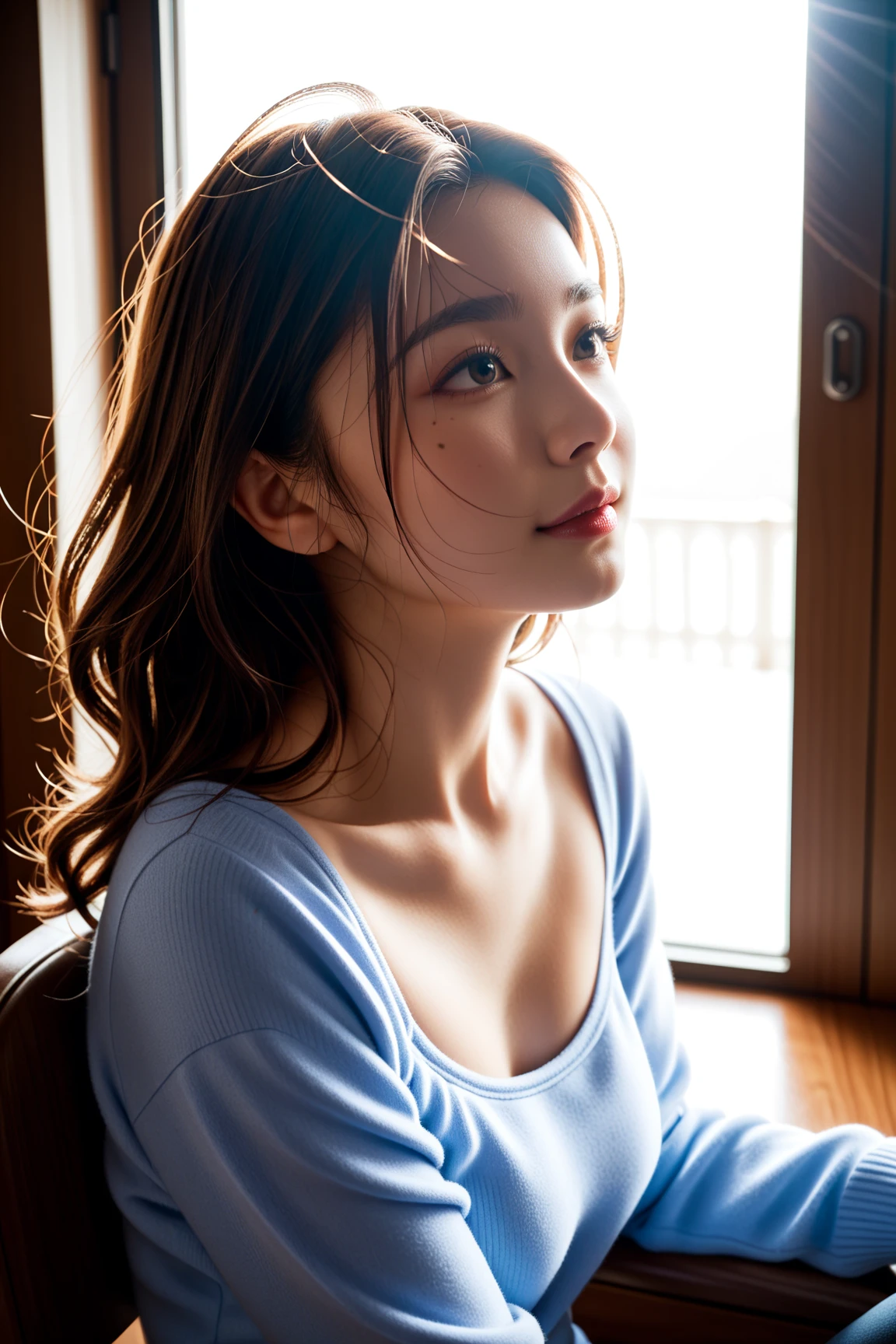 Adult woman sitting on chair by window, Leaning against the window,Soft light from the window,Farbe々Put on a costume and sit on the window sill，Shot with Canon EOA 6 D Mark II, Portrait Soft Light, delicate soft hazy lighting, portrait soft low light, Soft lighting and focus, beautiful soft lighting, cozy studio photography, Anime. Soft lighting、Beautiful adult woman，small tits，((smooth hair，detailed hairs，Very fine hairs))，Smaller face,realistic facial expression,(Face to feel:1.6),Enchanted,Raw photo of pale skin,Shyness,Longing for love,((Cool color makeup，Lowered eyebrows、Whitening effect，thin and thin eyebrows，((Ephemeral Girl，A look tinged with joy))，