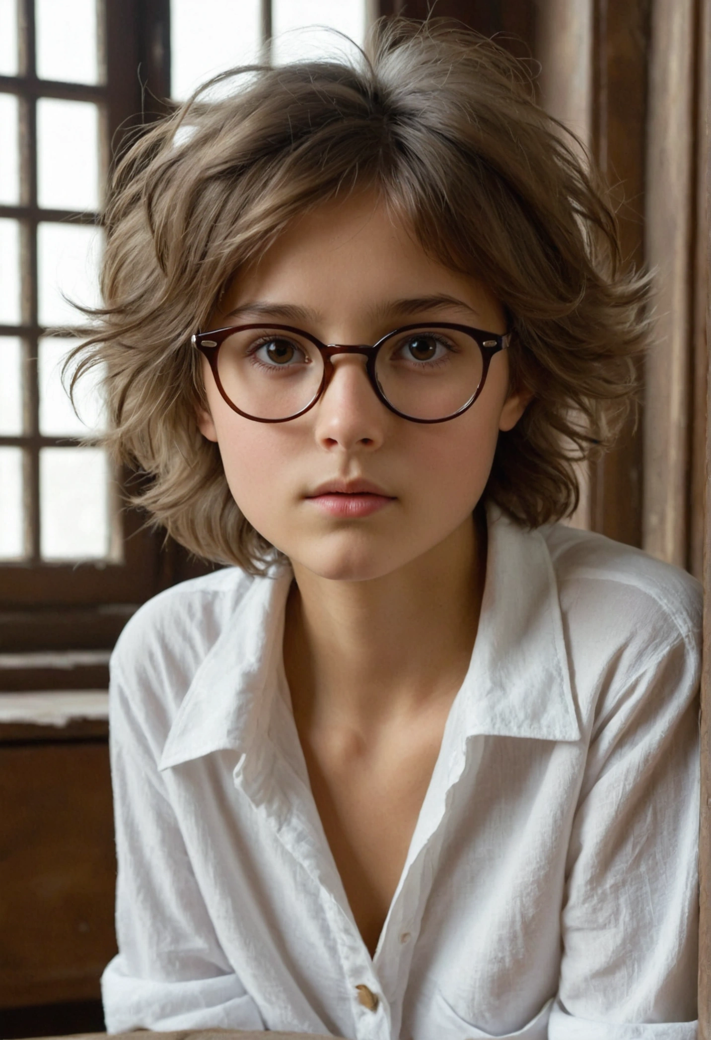 Masterpiece of realiatic photography, high quality, shaded tones; Appearance: the cute tomboy girl Nika whose age is older than the universe itself with nice natural chestnuts has short Brown disheveled and very shaggy hair, with small stature, with a slighly tanned skin and rounded face. Sensual lips, proportional beautiful small nose. In glasses. a deep, penetrating to the depths of soul, infinitely wise and absolutely indifferent bored look from the dark brown eyes of an immortal being who saw the birth of the universe on the absolutely innocent face of a girl of about twenty-eight. Visible virgin smooth pubis and toned abs. she wears only a simple white linen fully unbuttoned oversize boyish shirt too big for her petite height on naked body without underwear. Barefoot. the whole body completely including the legs.with an absolutely indifferent look. The place where it is is a small, old dusty soviet room with old soviet furniture.. She is sitting with shameless wide open legs in the middle of the bed on some blankets. Realistic skin textures, realistic soviet room 80th