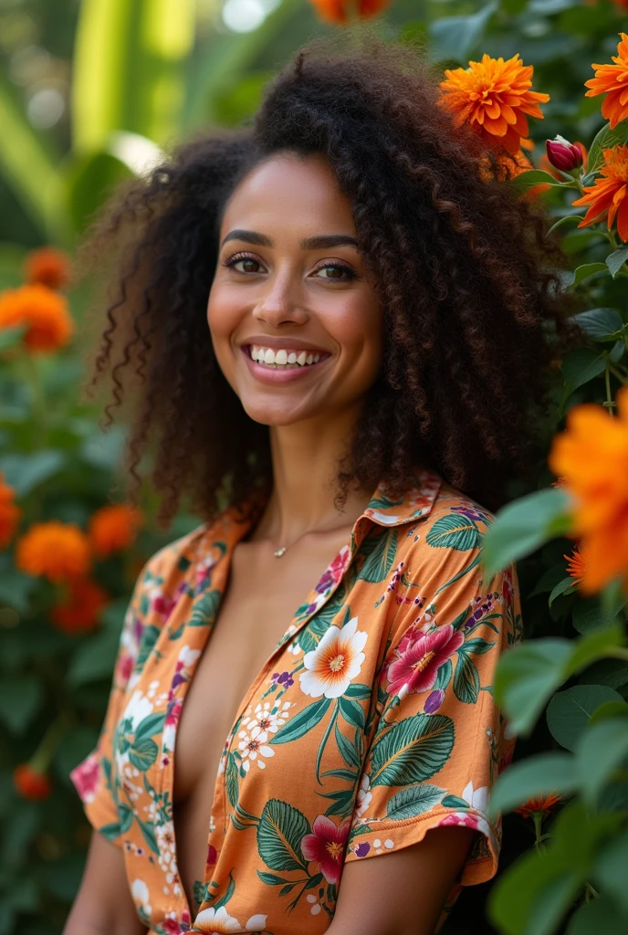 A Brazilian woman in a lush tropical garden, wearing an open shirt with a floral print, with a close-up capturing the harmonious beauty between her breasts and the natural flowers, showing off your natural charm and outgoing personality.