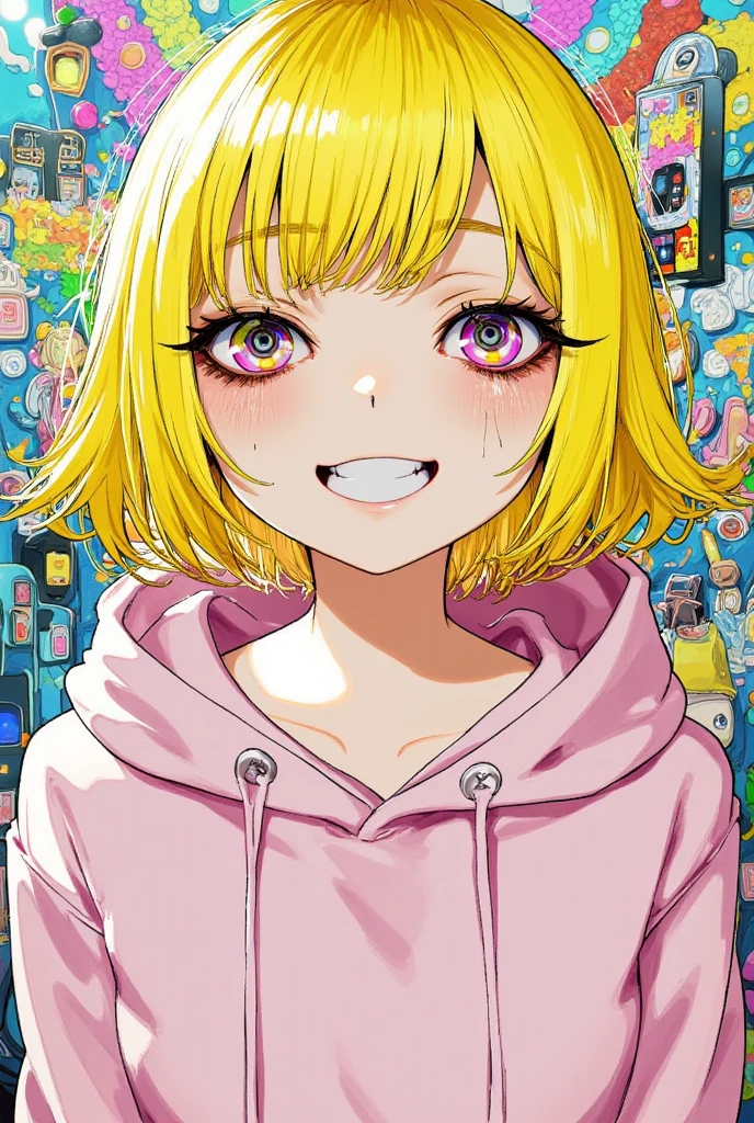 bags under eyes, bagy,1girl,solo,kawaii animation,look at me,yellow shor hair, hood, hoodie, tim burton style,