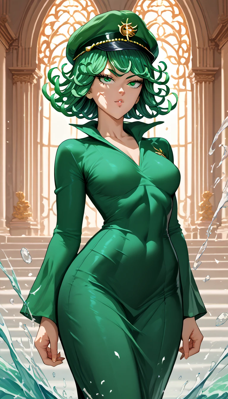 Master piece, girl with green hair and a green hat standing in a room, splash art, TATSUMAKI FROM ONE PUNCH MAN,Score_9, Score_8_up, Score_7_up, Score_6_up, Score_5_up, Score_4_up, Source_anime, Tag1, Tag2, Quality_masterpiece, Anatomically correct, Beautiful face, Perfect face, Highly detailed beautiful face and eyes, Attractive face, Detailed face, Delicate facial features, Detailed skin, 