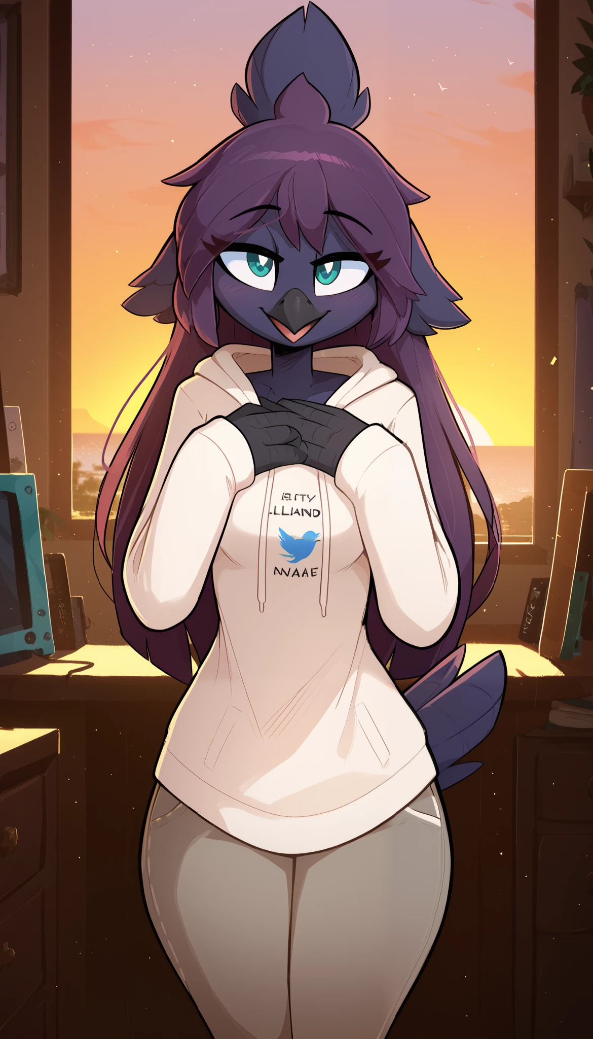 masterpiece, best quality, cute expression, shy expression, 1girl, anthro, purple feathers, bird girl, no ears, cute eyes, cyan eyes, bird tail, black beak, purple hair, long hair, straight hair, solo, (apartment), (baggy eyes), sunset, detailed, white hoodie, gray pants, smug smile, head tilt, teenager (19 years), medium breast, thick thighs, hips, looking at the viewer, (kilinah), light particles, hands on chest, score_9, score_8_up, score_7_up, score_6_up, score_5_up, score_4_up