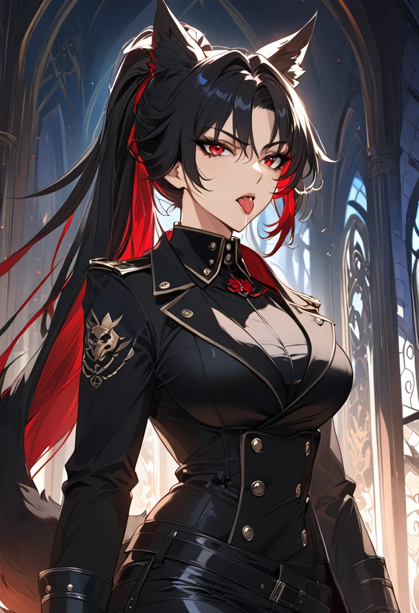 beautiful anime woman wearing a black military trench coat, tight black jeans pants, wolf ears, wolf tail, half wolf and half human, red eye color, black hair in a ponytail, light novel art, detailed anime art, anime, regal, royal, sexy, thicc, beautiful feminine facial features, flirtatious, sultry, slutty, petite, sharp canines, aheago, villain, all black clothing, high quality, very detailed anime art, feminine, slender face, military general vibes, pretty girl, good lighting, close up shot of face, sticking her tongue out expression, lewd, red highlights, side view