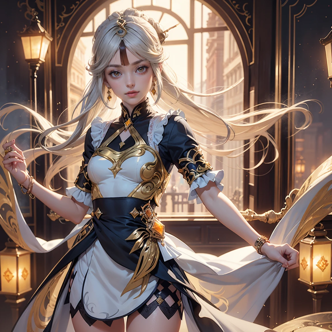 1girl, dress, jewelry, blonde hair, flowing hair, long hair, solo, firefly, long flowing hair, floating hair, ornament hair, Looking at the viewer, flowing hair, magical girl, Beautiful Eyes, maid, maid dress, maid headdress, white headdress, maid apron, white apron, dress with too many frills, white dress, gold laces, white Short skirt, skirt with layers, frills, dress with layers, small skirt, Drape clothes, gold gem, Lace trim, lux garden, luxury gold details, gold jewelry, more details, best quality, blushing, Striped Lace Stockings, short skirt, sparkle, solo, centered girl, cowboy shot, glowing hair, magical girl, sparkles, more details on her clothes, dress with transparency, golden details on her dress, night, oriental lanterns