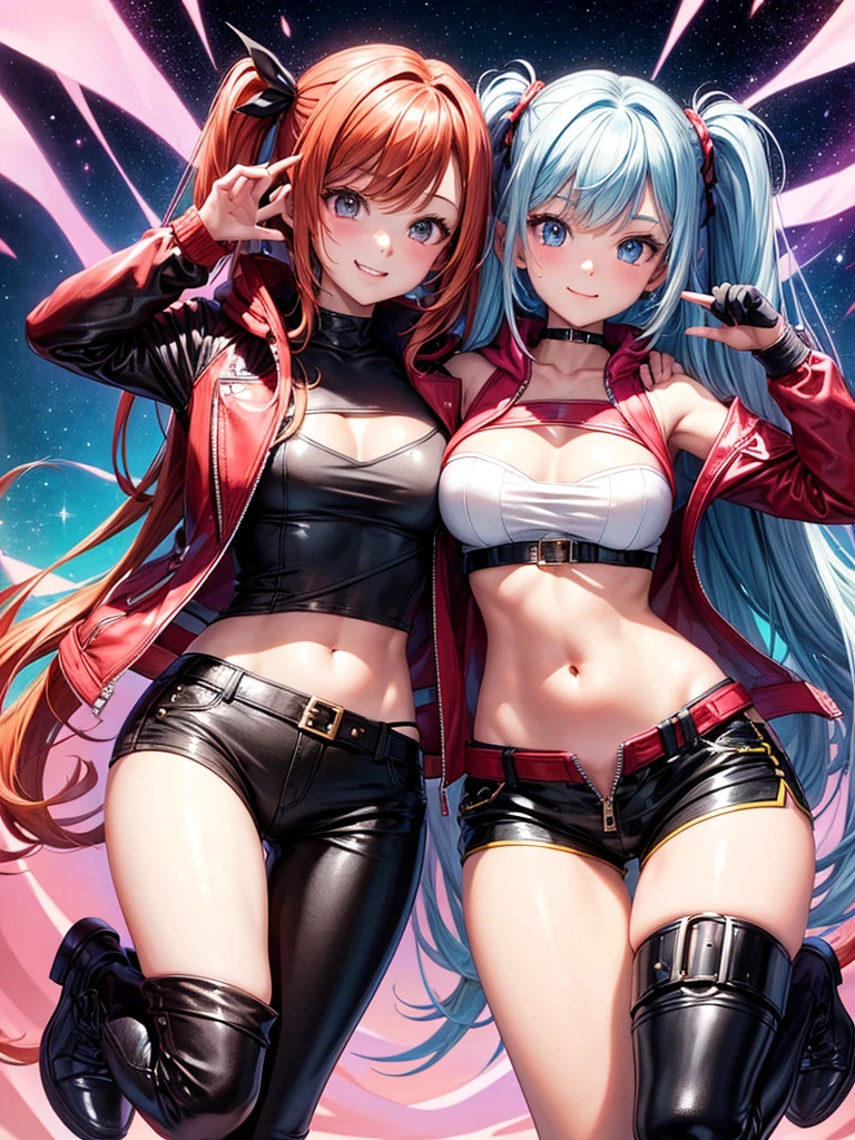 incredibly absurdres,wallpaper,realistic,photo_(medium),sparkle_background,2girls, (Rias Gremory) and (Rem re zero),maturity,shiny_skin,plump,gigantic_breasts,glamor,oval face,braided ponytail,lipstick,ahegao,light_blush,standing,spread legs,looking_at_viewer,front view,hoodie,microskirt,cowboy_shot,arms_behind_back,((green lace panties)),cameltoe, Rias Gremory has long red hair and Rem has short blue hair, black stockings, black