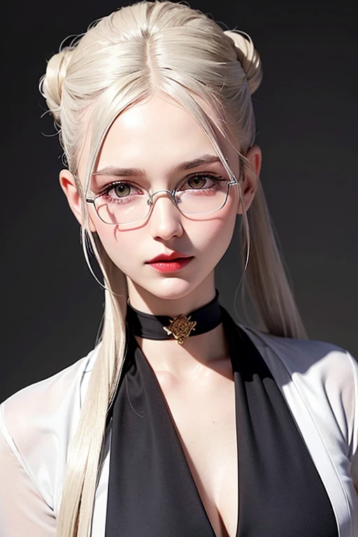 masterpiece, best quality, illustration, ponytail white hair, Platinum Earrings, Platinum Necklace, visible evening dress, High neck clothes,Not showing breasts, huge breasts,1 girl, Lovely, (dynamic lighting:1.2), Cinema lighting, Exquisite facial features, Delicate red eyes, Wear half-rimmed glasses(focus),sharp pupils, realistic student, depth of field, Bokeh, sharp focus, (Super detailed, bloom, glow:1.4)
