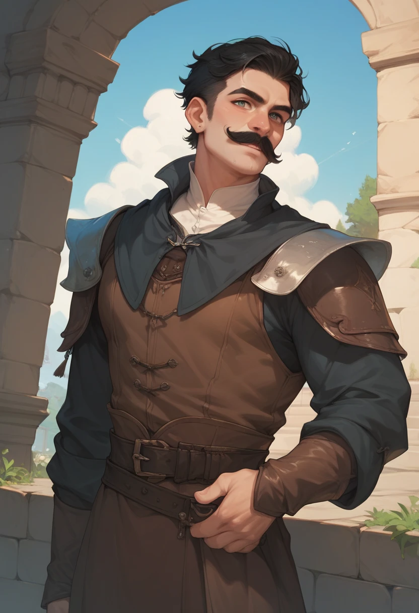 medieval fantasy style.  A man with black hair shaved on the side, bigode mustache. He wears a tight outfit ,  an outfit that reminds him of being a thief 