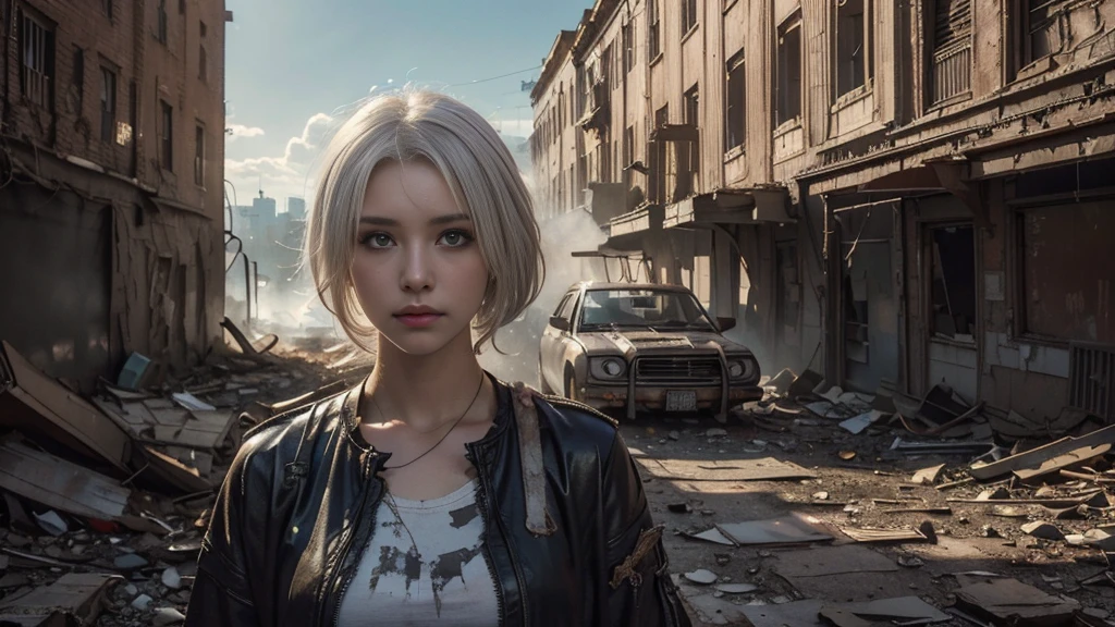 anime style, post-apocalyptic world, Collapsed and burning buildings Low angle view.
anime style, young adult woman, with the right eye blue and the left eye green, short white hair, with a slight scar under the left eye green.
with a melancholic expression.