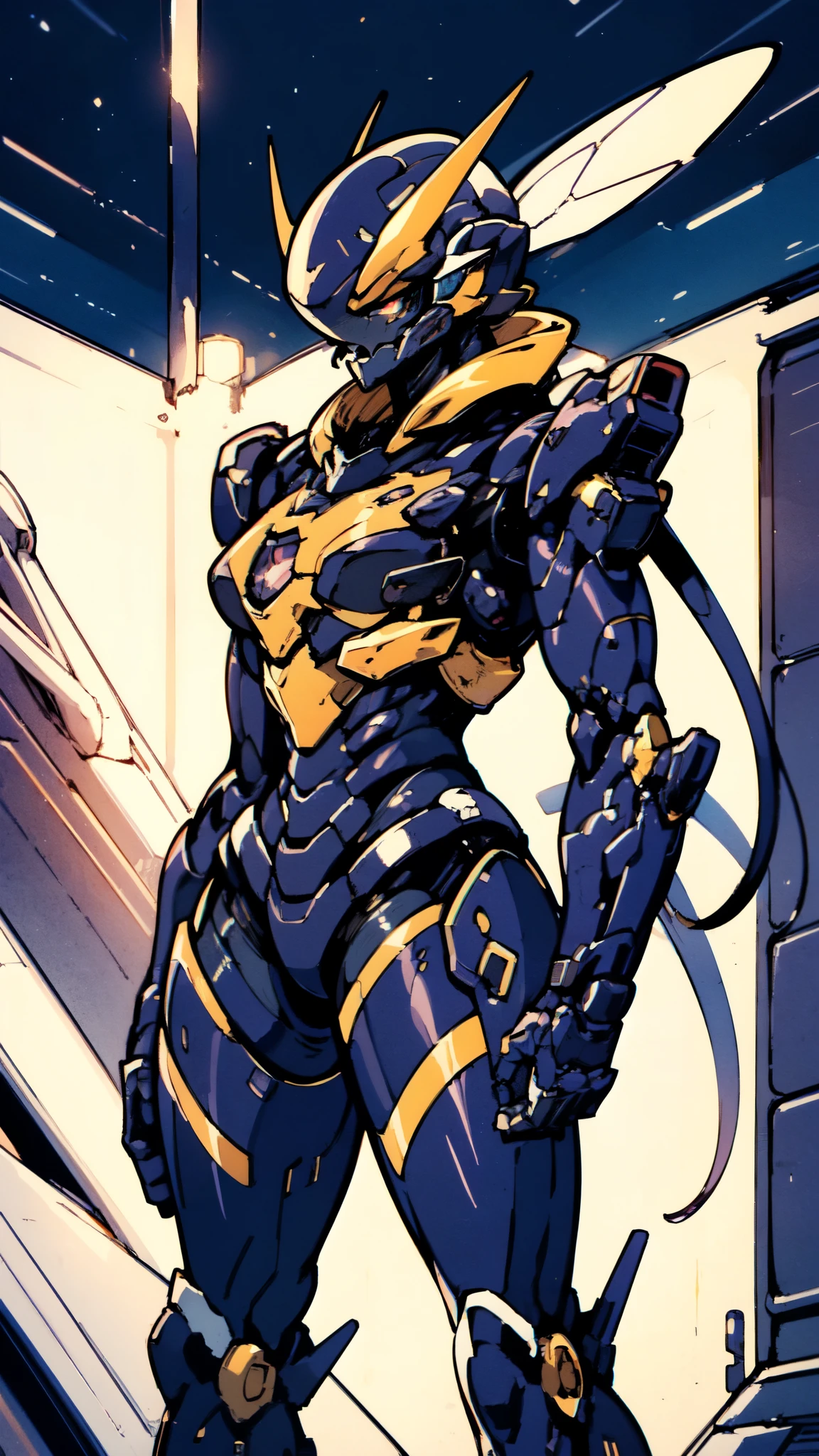 (masterpiece:1.5, best quality:1.5, extremely delicate:1.5), a woman wearing a full-face helmet, high-tech biomimetic armored combat suit, (a composite layered chest armor), the design balances heavy with agility, fully enclosed shoulder guards, matching arm and leg guards, a belt of gemstone, (the color scheme is primarily Purple with Blue and Yellow accents, Organic Biotech, Concept Inspired by queen bee, glowing eyes, armor glows), stand of a futuristic sci-fi city, this character embodies a finely crafted fantasy-style armored hero in anime style, exquisite and mature art style, metallic, high definition, highres, ultra-detailed, ultra-fine painting, professional, perfect body proportions, golden ratio, anatomically correct, symmetrical face, extremely detailed eyes and face, high quality eyes, creativity, RAW photo, UHD, 32k, Natural light, cinematic lighting, (masterpiece-anatomy-perfect:1.2)