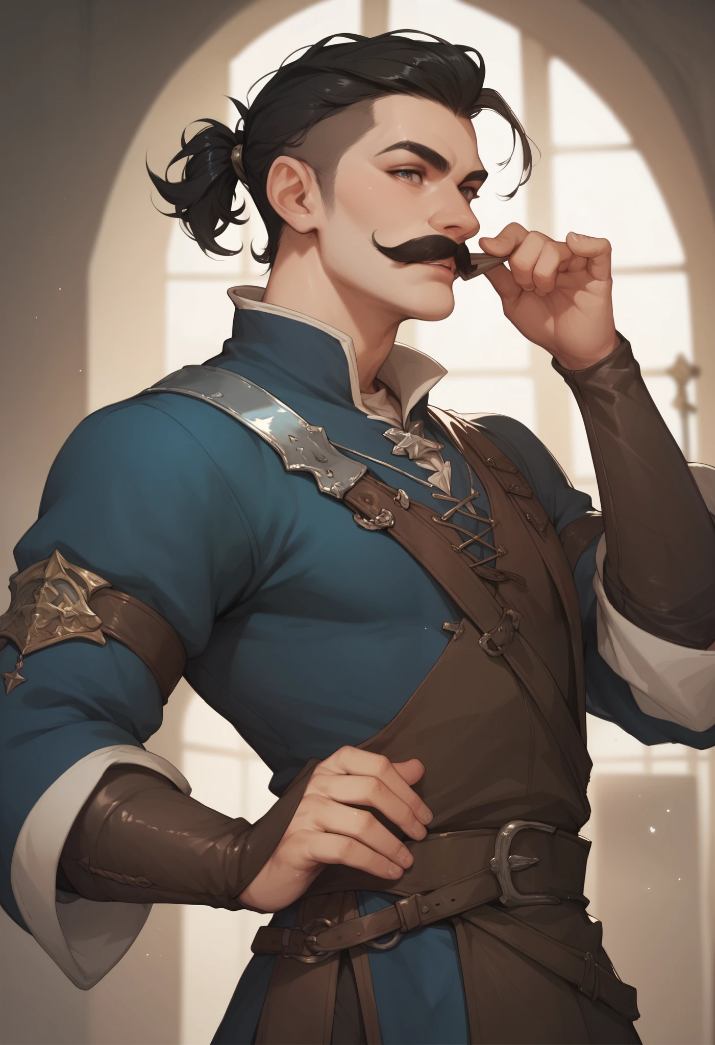 medieval fantasy style.  A man with black hair shaved on the side, bigode mustache. He wears a tight outfit ,  an outfit that reminds him of being a thief 