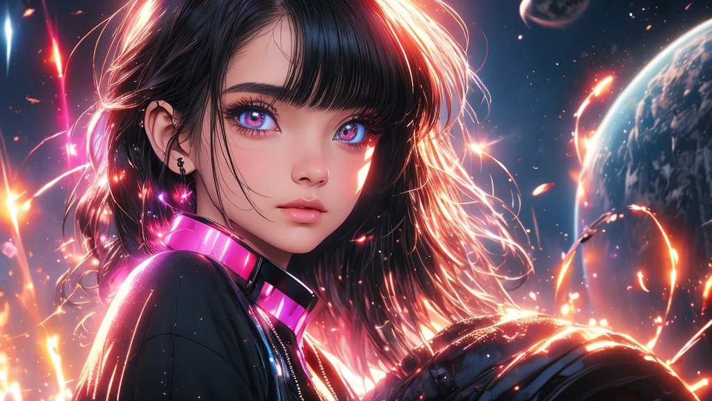 a beautiful anime girl, extremely detailed eyes and face, long eyelashes, dark black clothes flowing in a colorful universe, eyes reflecting the colors, clothes illuminated by the colorful universe, detailed digital painting, photorealistic, 8k, high resolution, masterpiece, vibrant colors, dramatic lighting, cinematic, fantasy, digital art