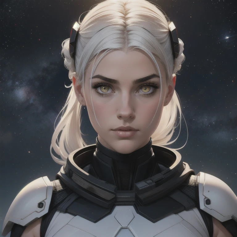 absurdres ,  masterpiece , QG, 4K, HDR,  best quality , 1girl No center screen with beautifulface, White_Hair. (black suit:1.2),deep dark, fringe, breasts,  eyebrows _visible_through_Hair, Hair_ornament, light_ particles , far away_Hair, looking_No_viewer, average_breasts,  dune surface , Alone, space, Star_(sky), Starry_sky, twintails, very_far away_Hair, yellow_eyes,  transparent, see-through,( experience _Giedi_Prime_there:1.0), (rosto iNocente:1.1),  beautiful eyes, volumetric lighting, real shadows.