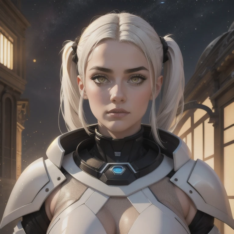 absurdres ,  masterpiece , QG, 4K, HDR,  best quality , 1girl No center screen with beautifulface, White_Hair. (black suit:1.2),deep dark, fringe, breasts,  eyebrows _visible_through_Hair, Hair_ornament, light_ particles , far away_Hair, looking_No_viewer, average_breasts,  dune surface , Alone, space, Star_(sky), Starry_sky, twintails, very_far away_Hair, yellow_eyes,  transparent, see-through,( experience _Giedi_Prime_there:1.0), (rosto iNocente:1.1),  beautiful eyes, volumetric lighting, real shadows.