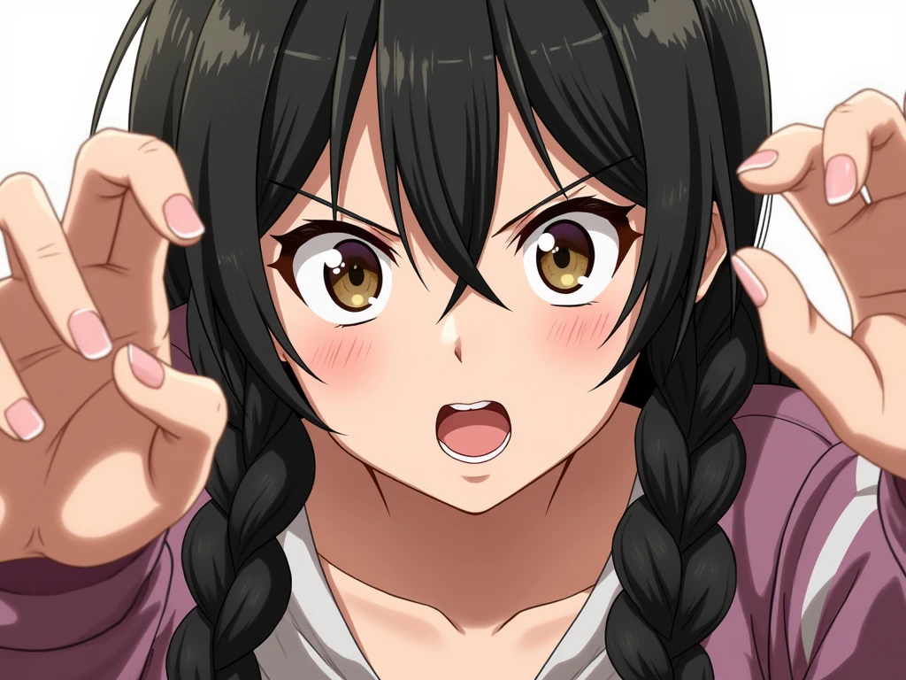 cabello ?????, brown eyes, flequillo, single braid, 1 girl in, 20yo,Mujer joven,Hermosa nariz,Beautiful character design, ojos perfectos, Cara perfecta,ojos expresivos, Mirando al espectador,(primer plano),(Focus on her face), Arte Oficial, face, open mouth, uvula, mouth, tongue, tongue out