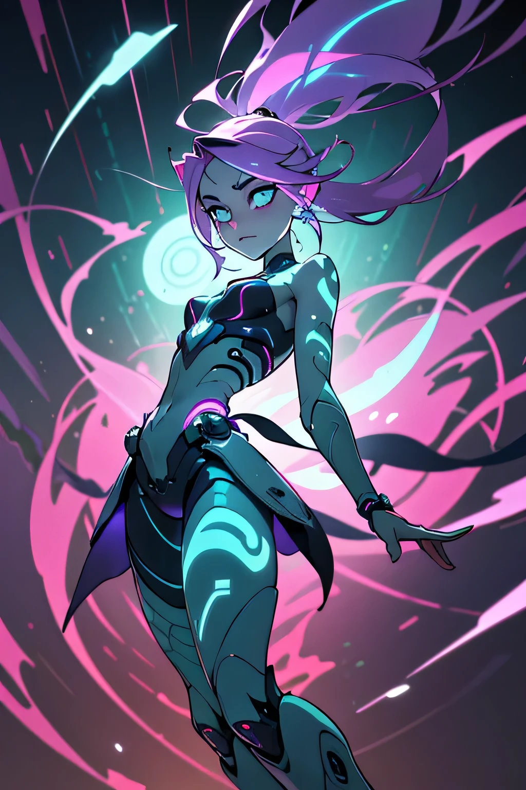 "A dynamic futuristic android character shown from the waist up, blending neocyber and neotribal aesthetics. The character has flowing, biomechanical features with metallic plates that curve naturally around the torso and arms, almost as if they are alive. Glowing tribal tattoos in neon colors (turquoise, pink, mint, and purple) ripple and stretch across the skin, creating an organic flow of energy that moves with the figure. One hand is raised near the face, its fingers gently brushing the holographic visor or interacting with the face, adding fluid motion to the design. The hair is long, wild, and alive, cascading around the character’s face and body like tendrils of light, blending into the tattoos and circuits. The strands of hair twist and dissolve into flowing streams of neon energy, like data or digital currents. The character’s posture is fluid and relaxed, as if caught in mid-motion, creating a sense of life and organic energy. The background is an abstract blur, with geometric patterns and fractals merging into the character’s form, amplifying the sense of movement and energy. The design should feel immersive and alive, with textures that suggest metallic surfaces melding into flesh, creating a powerful blend of cyber and tribal aesthetics."

