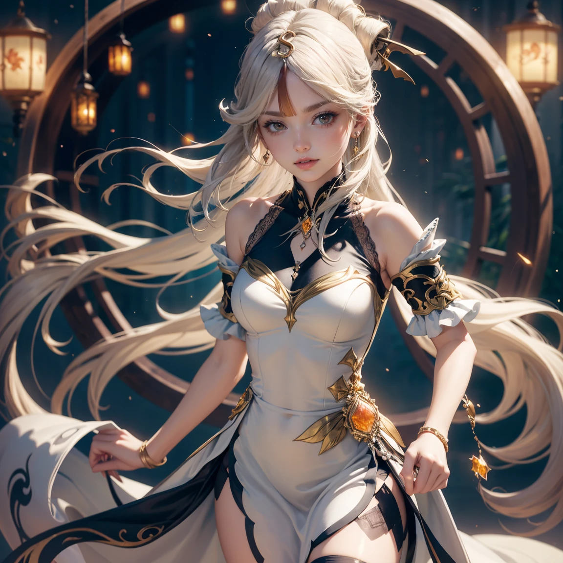 1girl, dress, jewelry, blonde hair, flowing hair, long hair, solo, firefly, long flowing hair, floating hair, ornament hair, Looking at the viewer, flowing hair, magical girl, Beautiful Eyes, maid, maid dress, maid headdress, white headdress, maid apron, white apron, dress with too many frills, white dress, gold laces, white Short skirt, skirt with layers, frills, dress with layers, small skirt, Drape clothes, gold gem, Lace trim, lux garden, luxury gold details, gold jewelry, more details, best quality, blushing, Striped Lace Stockings, short skirt, sparkle, solo, centered girl, cowboy shot, glowing hair, magical girl, sparkles, more details on her clothes, dress with transparency, golden details on her dress, night, oriental lanterns