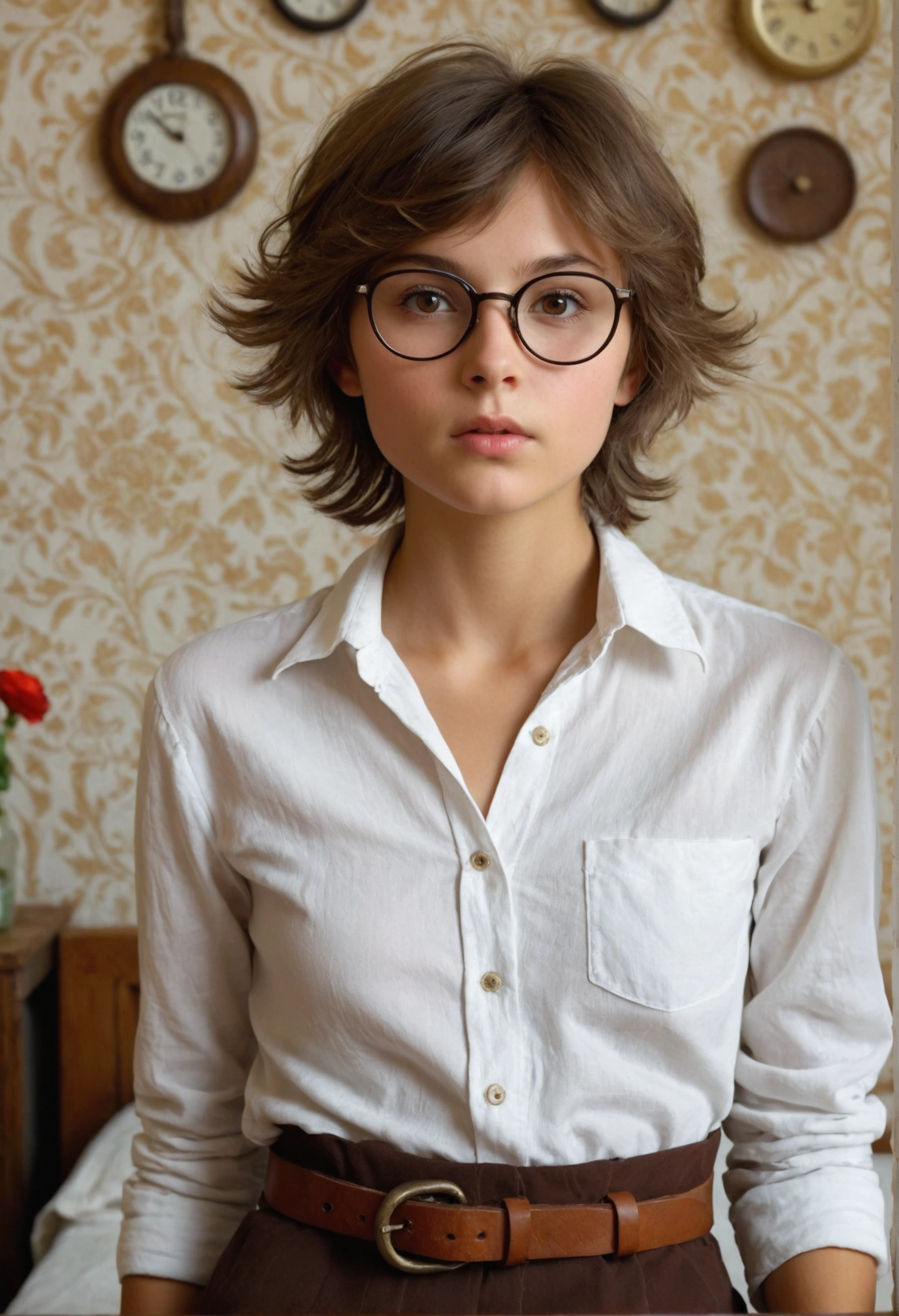 Masterpiece of realiatic photography, high quality, shaded tones; Appearance: the cute tomboy girl Nika whose age is older than the universe itself with nice natural chestnuts has short Brown disheveled and very shaggy hair, with small stature, with a slighly tanned skin and rounded face. Sensual lips, proportional beautiful small nose. In glasses. a deep, penetrating to the depths of soul, infinitely wise and absolutely indifferent bored look from the dark brown eyes of an immortal being who saw the birth of the universe on the absolutely innocent face of a girl of about twenty-eight. Visible virgin smooth pubis and toned abs. she wears only a simple white linen fully unbuttoned oversize boyish shirt too big for her petite height on naked body without underwear. Barefoot. the whole body completely including the legs.with an absolutely indifferent look. The place where it is is a small, old dusty soviet room with old soviet furniture.. She lies across the bed on some blankets with her shirt open and stares blankly at the ceiling, deepest apathy and indifference characteristic of immortals. Realistic skin textures, realistic soviet room 80th