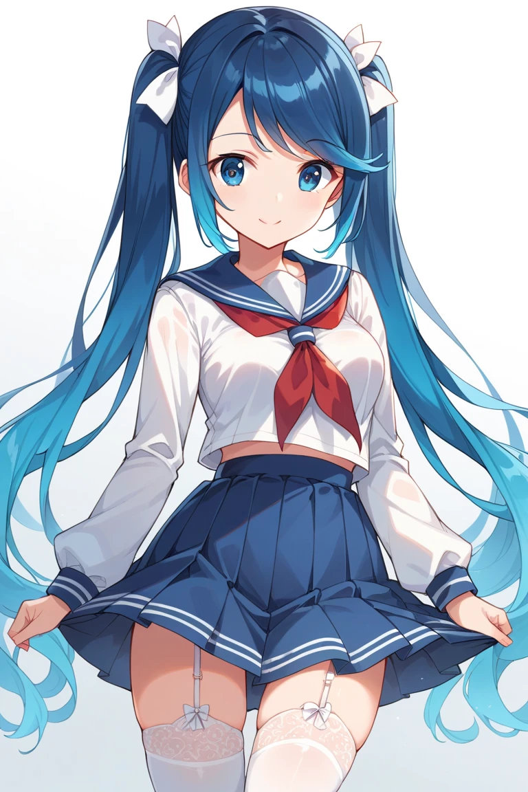 (1 Girl),(high quality), (High resolution), (Very detailed), (8K),(Demolition paperback correct)、Urusei Yatsura、Ram-chan、((White and navy blue sailor suit))、Navy blue pleated skirt、Cute Panties、((Focus on the whole body))、Nipple Shape、((Black knee-high stockings))、Hair messed up by the strong wind、Neutral White Lighting,Sexy pose、
