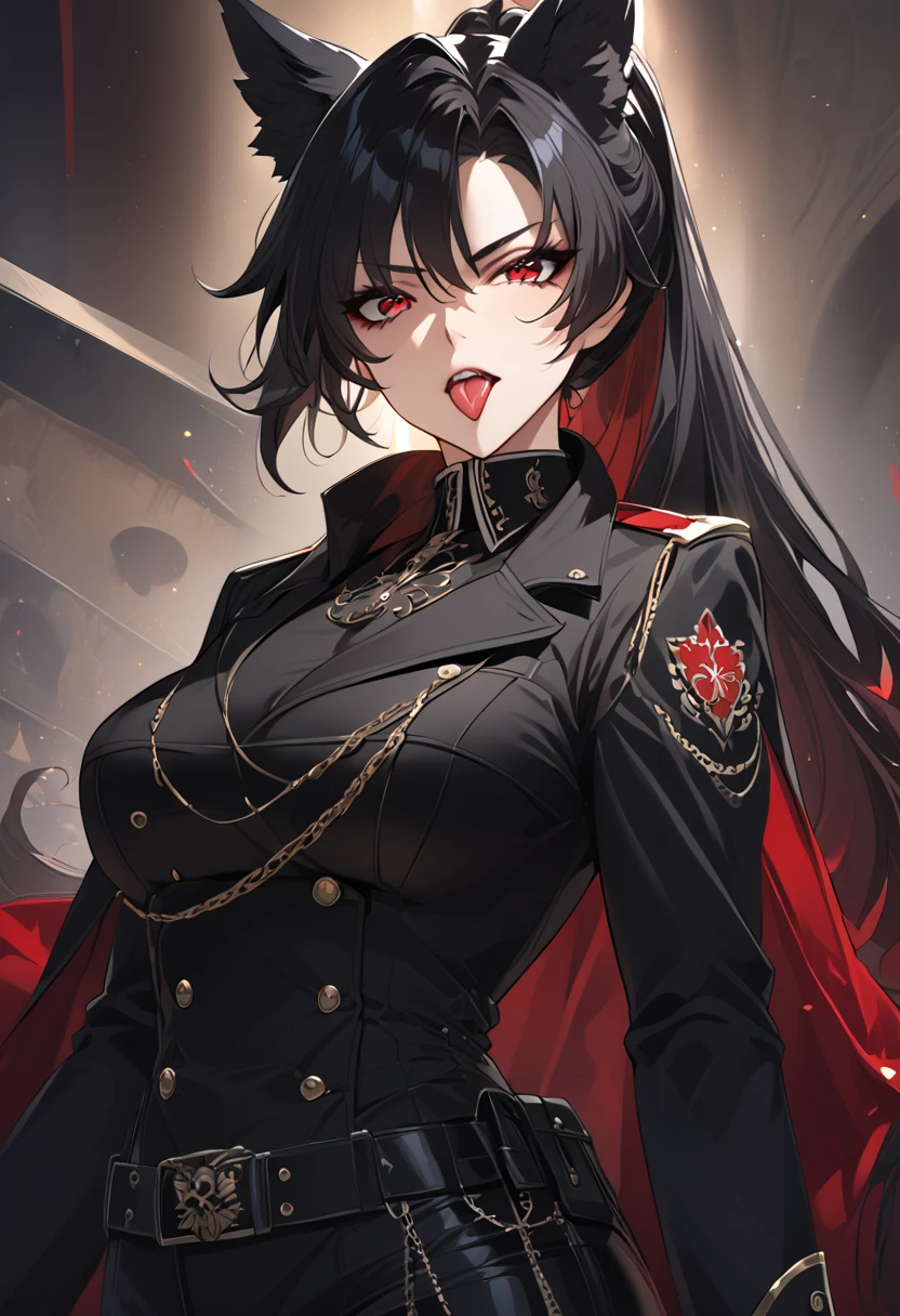 beautiful anime woman wearing a black military trench coat, tight black jeans pants, wolf ears, wolf tail, half wolf and half human, red eye color, black hair in a ponytail, light novel art, detailed anime art, anime, regal, royal, sexy, thicc, beautiful feminine facial features, flirtatious, sultry, slutty, petite, sharp canines, aheago, villain, all black clothing, high quality, very detailed anime art, feminine, slender face, military general vibes, pretty girl, good lighting, close up shot of face, sticking her tongue out expression, lewd, red highlights