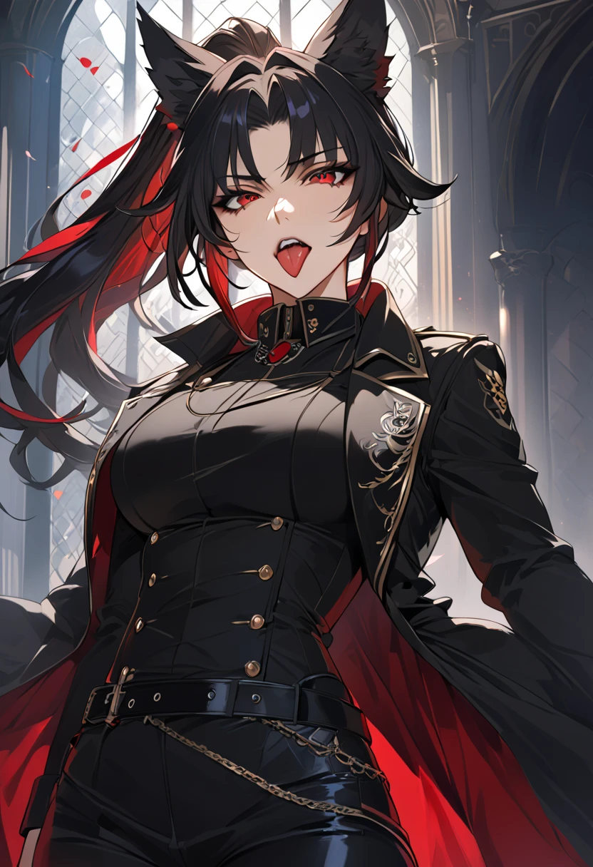 beautiful anime woman wearing a black military trench coat, tight black jeans pants, wolf ears, wolf tail, half wolf and half human, red eye color, black hair in a ponytail, light novel art, detailed anime art, anime, regal, royal, sexy, thicc, beautiful feminine facial features, flirtatious, sultry, slutty, petite, sharp canines, aheago, villain, all black clothing, high quality, very detailed anime art, feminine, slender face, military general vibes, pretty girl, good lighting, close up shot of face, sticking her tongue out expression, lewd, red highlights