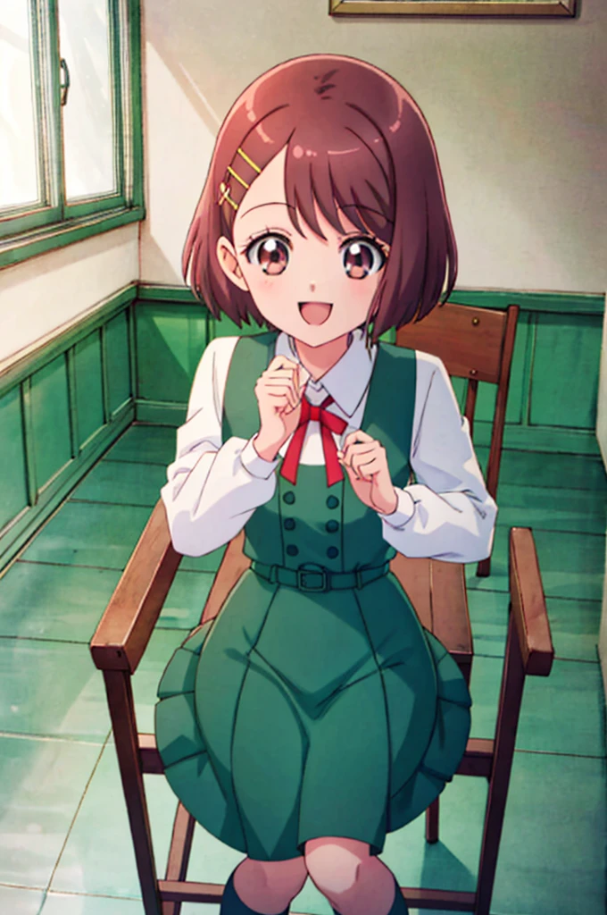  1 girl, Alone, smile, classroom、 sitting on a chair,  ((green uniform 、 red ribbon 、 Mini Skirt)),  cowboy shot, Hanadera Nodoka、