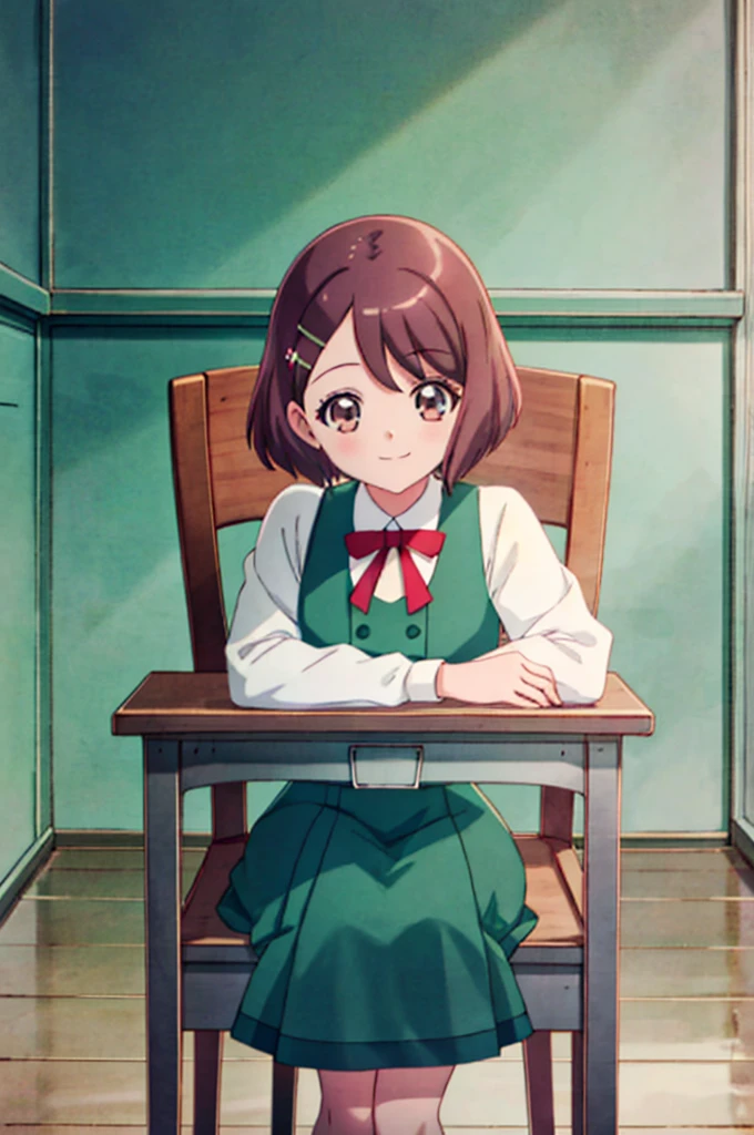  1 girl, Alone, smile, classroom、 sitting on a chair,  ((green uniform 、 red ribbon 、 Mini Skirt)),  cowboy shot, Hanadera Nodoka、