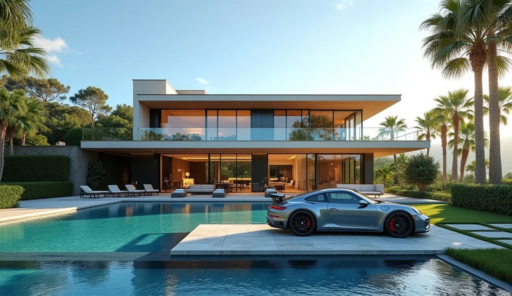 "A luxurious modern mansion with minimalist design, featuring floor-to-ceiling glass windows and a spacious rooftop terrace. In front of the house is a large, sparkling infinity pool, reflecting the bright blue sky. A sleek sports car, like a Porsche 911, is parked by the poolside on a stone driveway. The surrounding landscape includes lush greenery, palm trees, and manicured gardens, with soft golden hour light casting an elegant and serene glow over the entire scene."